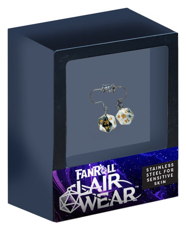 Lair Wear Dice Earrings D20 Marble Black & White with Gold 1