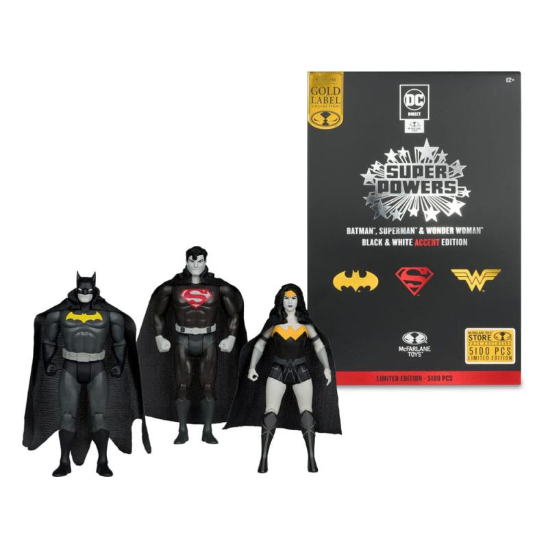 DC Direct Super Powers Action Figures Batman, Superman & Wonder Woman Black & White Accent Edition G